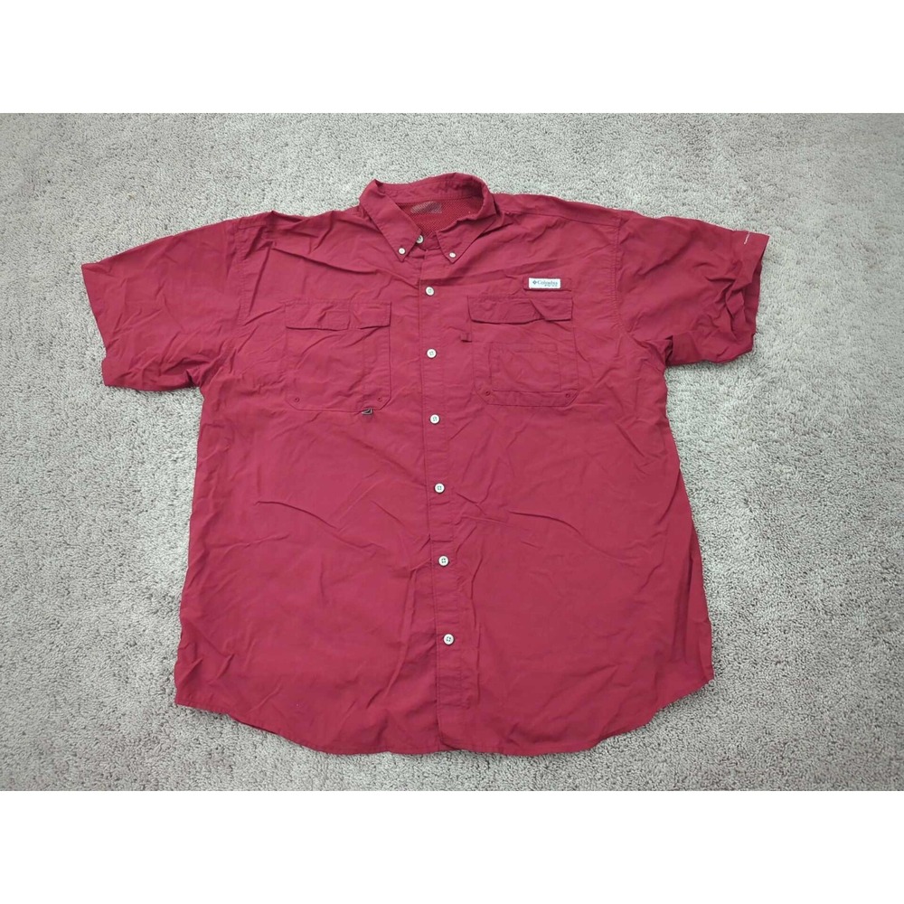 Columbia PFG Button Up Shirt Mens XXL Red Short Sleeve Pockets Lined Outdoor